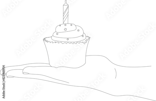 Outline drawing of hand holding muffin cake. Hand holds Cupcake outline vector illustration. 
