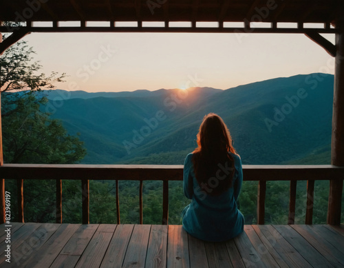 Woman Enjoying Mountain Sunset from Wooden Deck