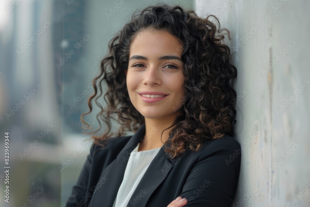 Curly Hair Professional. Attractive Hispanic Businesswoman in 30s Smiling Confidently at the City Curly Hair Professional. Attractive Hispanic Businesswoman in 30s Smiling Confidently at the City