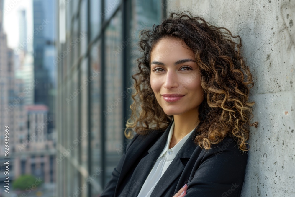 Curly Hair Professional. Attractive Businesswoman in her 30s Smiling Confidently in the City