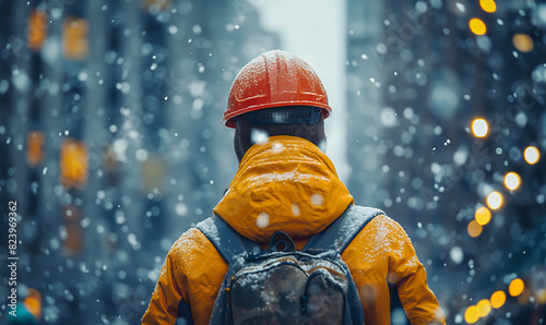 Worker at a construction site in winter, rear view.