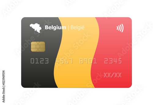 Bank credit card with flag and map of Belgium isolated on white background. Vector illustration, mockup.