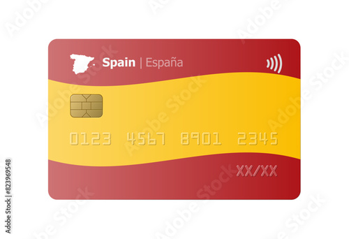 Bank credit card with flag and map of Spain isolated on white background. Vector illustration, mockup.