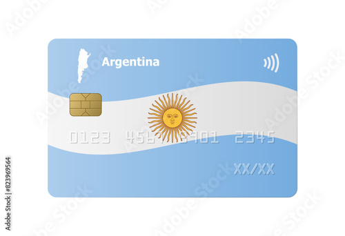 Bank credit card with flag and map of Argentina isolated on white background. Vector illustration, mockup.