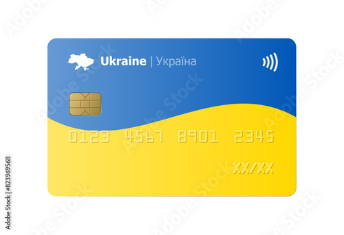 Bank credit card with flag and map of Ukraine isolated on white background. Vector illustration, mockup.
