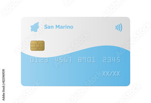 Bank credit card with flag and map of San Marino isolated on white background. Vector illustration, mockup.