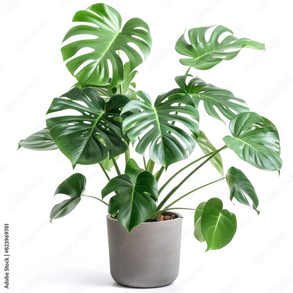 House Leaf. Close-up Monstera Indoor Plant in Modern White Pot Isolated on White Background House Leaf. Close-up Monstera Indoor Plant in Modern White Pot Isolated on White Background