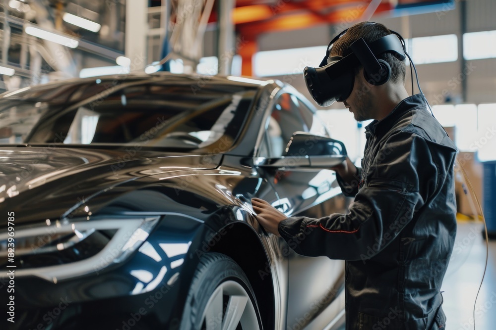 Fototapeta premium Automotive engineer working on 3D prototypes of electric cars using VR concept, AI generated
