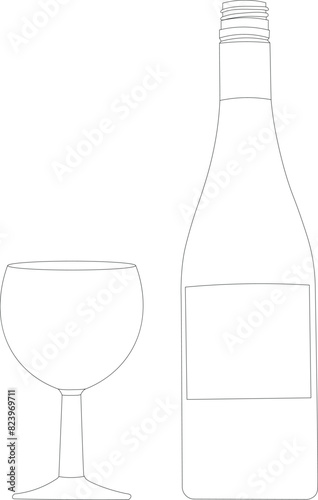 Wine glass and bottle of wine. Vector. Outline drawing.