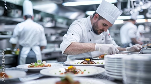 A chef diligently prepares and plates food in a fast-paced restaurant kitchen environment