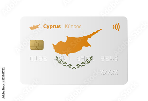 Bank credit card with flag and map of Cyprus isolated on white background. Vector illustration, mockup.