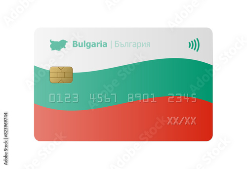 Bank credit card with flag and map of Bulgaria isolated on white background. Vector illustration, mockup.