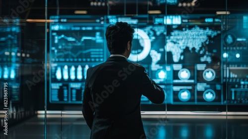 A man dressed in a suit stands confidently in front of a glass wall with a digital screen displaying a ysXCm