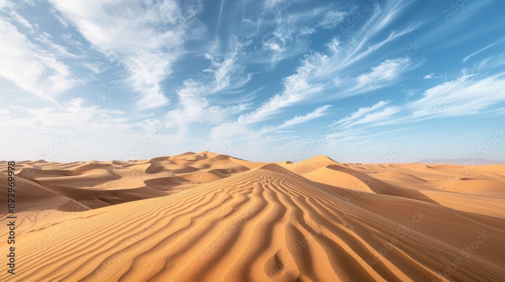 Wide view of sand dunes under a clear blue sky, showcasing the undulating patterns and textures of the landscape