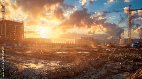 A construction site with a crane in the background at dawn  bathed in soft golden light