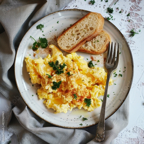scrambled eggs with toast and cilantro 