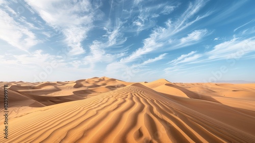 Wide view of sand dunes under a clear blue sky  showcasing the undulating patterns and textures of the landscape