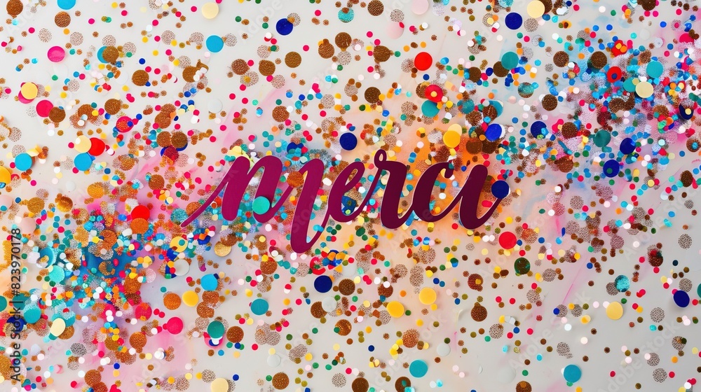 Obraz premium A vibrant image featuring 'merci' written in cursive amidst a colorful array of confetti