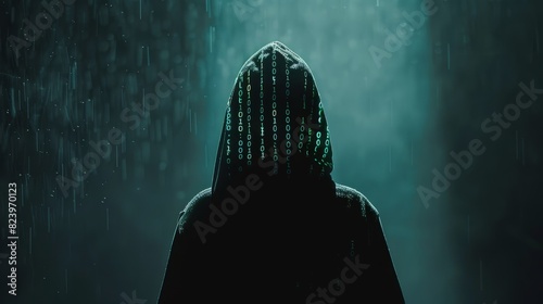 A person standing in the rain wearing a hooded jacket, with binary code projected on a dark background photo