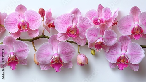   A cluster of pink orchids atop a white table  adjacent