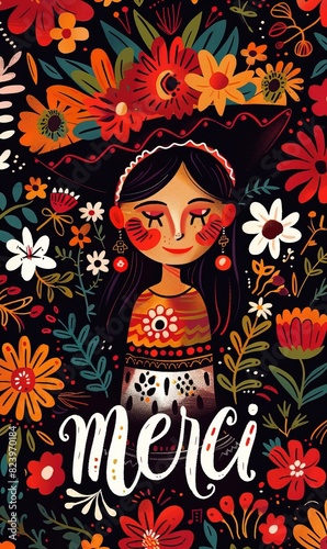 A colorful illustration features a woman surrounded by a vibrant floral pattern with the word  Merci  at the bottom