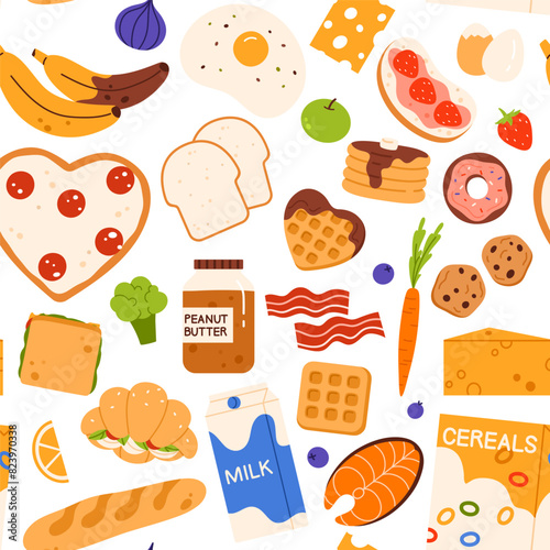 Breakfast food products seamless pattern. Various tasty, nutritious meals to fresh ingredients collection. Grocery products for lunch. Vector illustration in cartoon style. Isolated white background