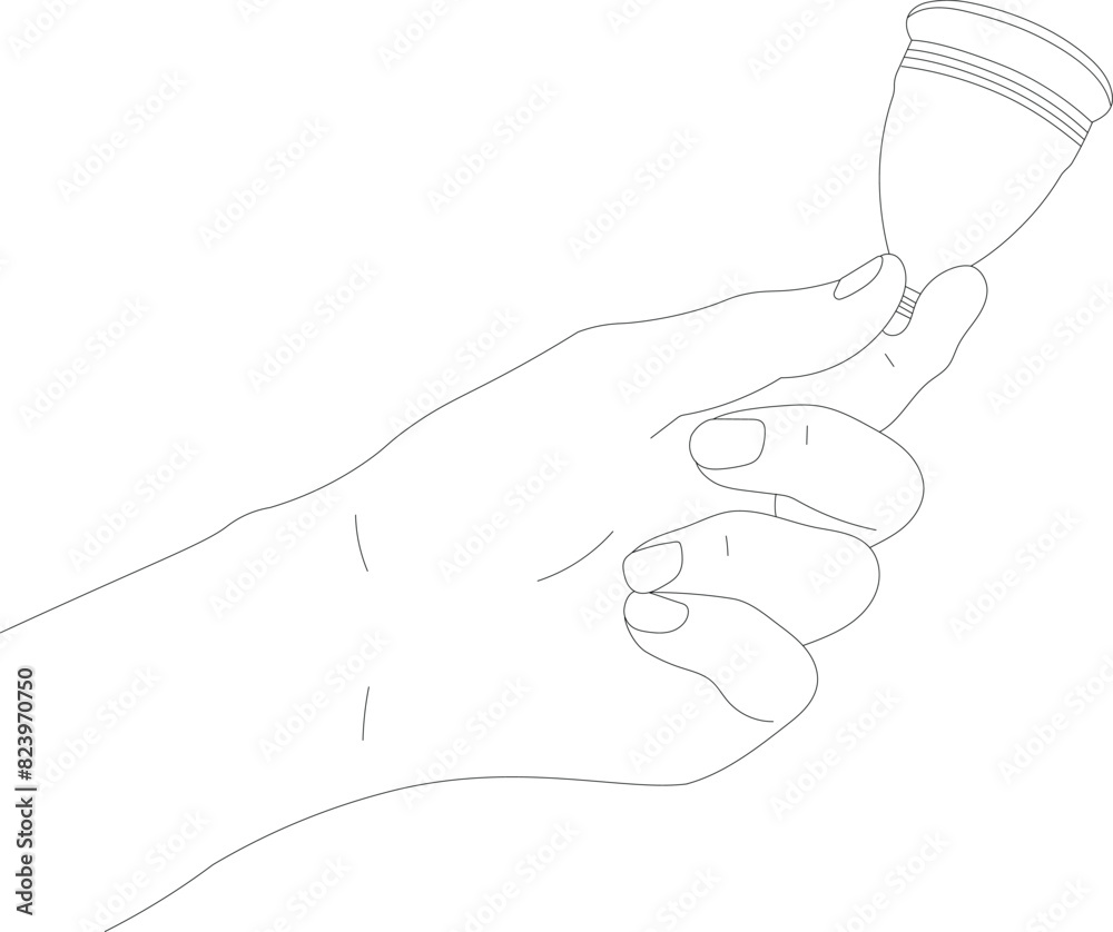 Illustration of a hand holding a menstrual Cup. Eco friendly option for replacing pads and tampons. An environmentally friendly alternative. Feminine hygiene. Black and white drawing in linear style Illustration of a hand holding a menstrual Cup. Eco friendly option for replacing pads and tampons. An environmentally friendly alternative. Feminine hygiene. Black and white drawing in linear style