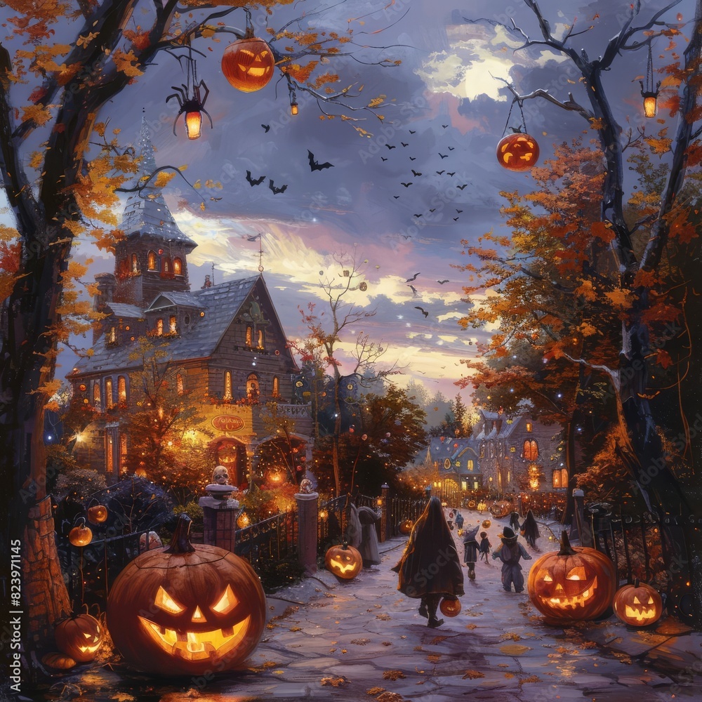 Fototapeta premium A spooky Halloween street with glowing jack-o'-lanterns, a haunted house, and trick-or-treaters at dusk.