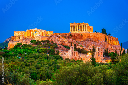 Athens, Greece: The Famous Acropolis of Athens with Parthenon Temple, Odeon of Herodes Atticus, Herodeion, at sunset. Europe photo