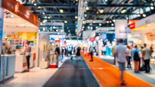 dynamic business expo lively trade show floor with various exhibitor booths blurred background