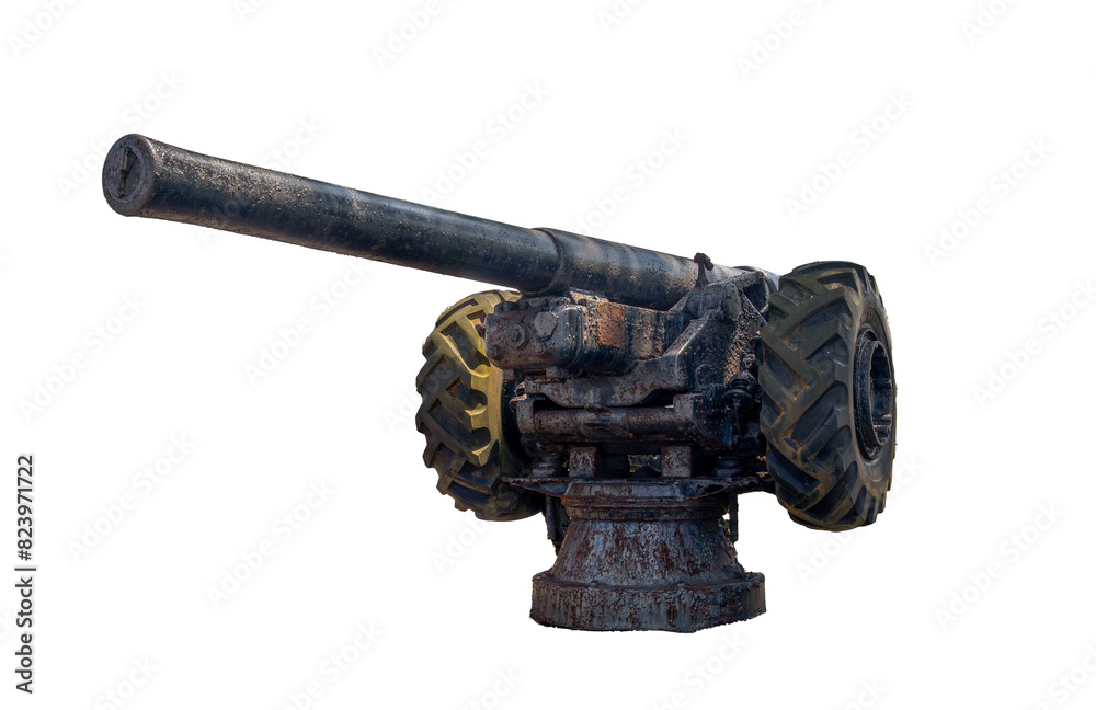 An old cannon, very oxidized, used by the Brazilian army, isolated on a transparent background An old cannon, very oxidized, used by the Brazilian army, isolated on a transparent background