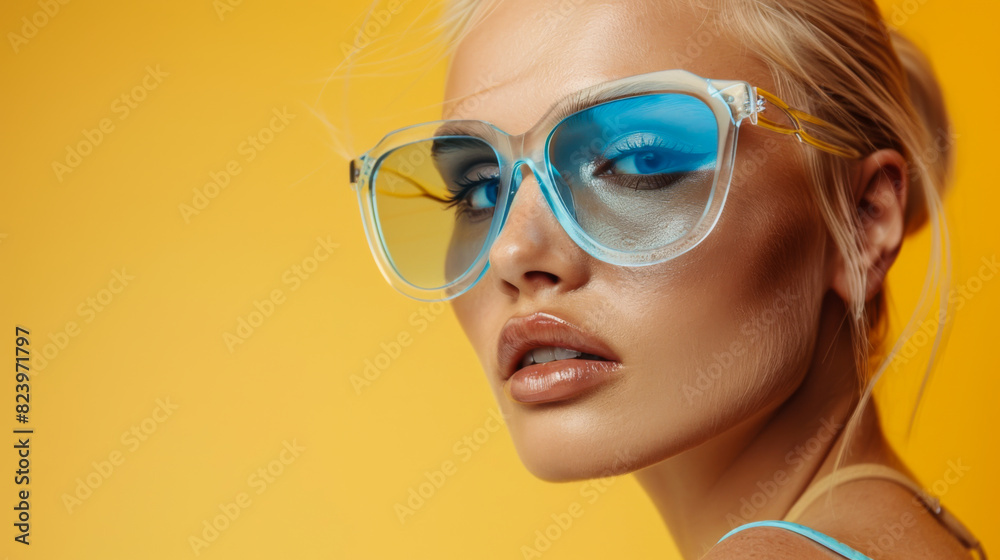 Portrait of a beautiful woman in glasses posing on a bright yellow background. Fashion model on a yellow background enjoying a sunny day. Fashion concept. Portrait of a beautiful woman in glasses posing on a bright yellow background. Fashion model on a yellow background enjoying a sunny day. Fashion concept.