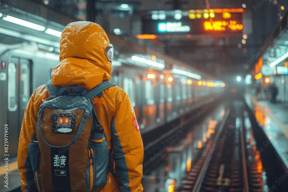 Person waiting for train in orange jacket Person waiting for train in orange jacket