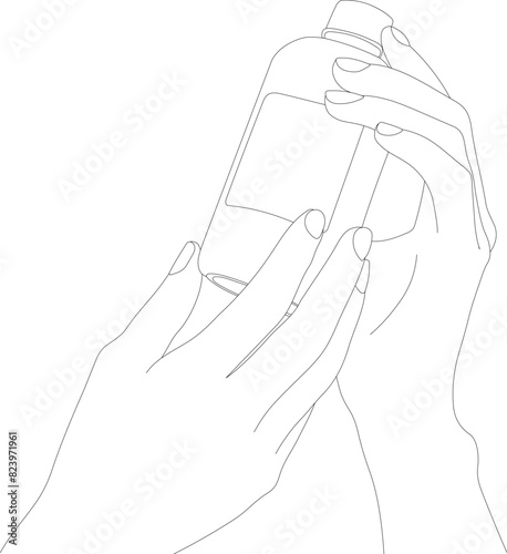 A woman's hand holds a bottle with shampoo or shower gel. Cosmetics for hair, body and facial skin care. Beauty product on a pink background with tropical leaves. Spa treatments. Woman