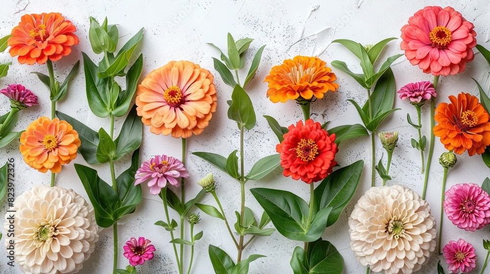   A colorful bouquet of flowers on a white background, surrounded by green foliage at the base of the petals