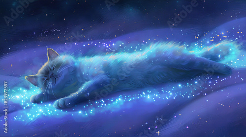   A feline slumbers on a quilt amidst a celestial tapestry, with starlit heavens enveloping its serene form photo