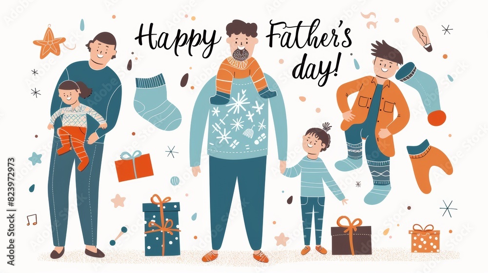 Happy Fathers Day. Vector illustration with men and children.