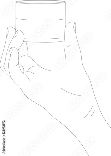 Woman hand holds in fingers a jar of cream outline drawing