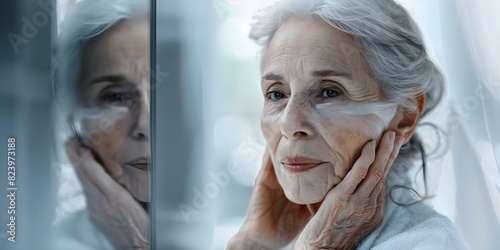 An elderly woman delicately examines her reflection in the mirror. Concept Elderly woman, Reflection, Self-examination, Mirror, Contemplative portrait photo