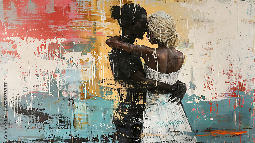 Fototapeta premium A black man holds a blonde woman close, embodying love and romance in an intimate moment captured with warmth and depth