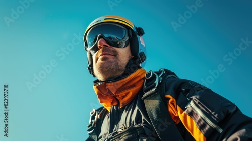 The picture of the professional skydiver wearing goggle doing skydiving in the sky under the bright light of the sun in the morning or noon and also wearing the parachute for safety landing. AIG43.