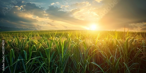 Sunlight shining on sugarcane fields. Concept Nature, Agriculture, Sunlight, Fields, Sugarcane photo
