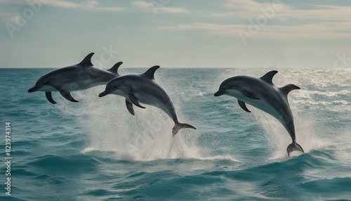 Three dolphins in ocean jumping out of water, leaping above waves with fins visible beneath them.