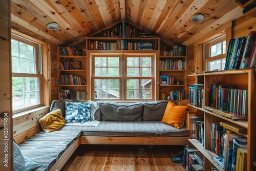cozy mini library in tiny house living room with wooden bookshelf and sofa interior photo