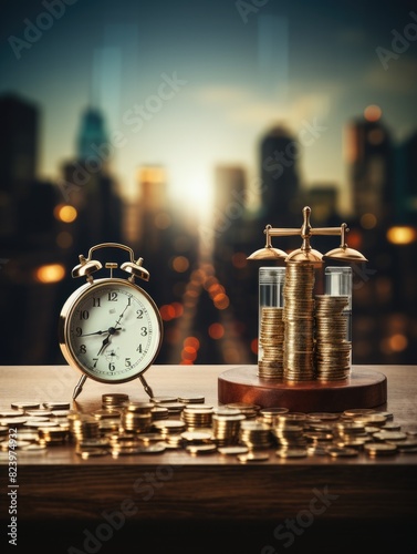Alarm clock and stacked coins on wooden desk on the background of business buildings. Time for saving concept.