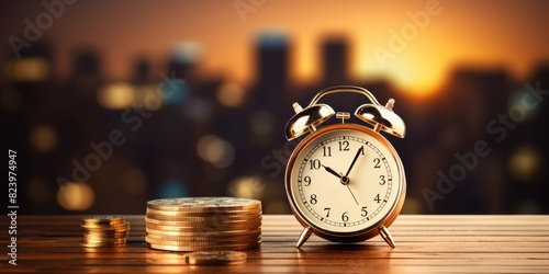 Alarm clock and stacked coins on wooden desk on the background of business buildings. Time for saving concept.