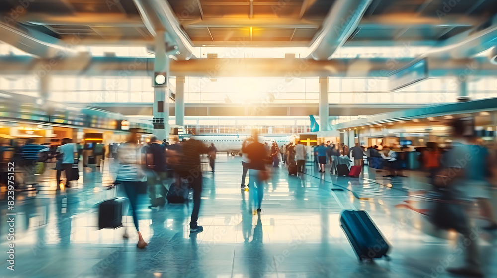 A blurred image of a busy airport with people 