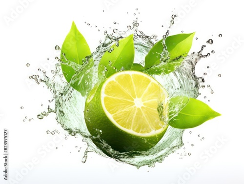 sparkling water with green limes flying  splash transparent water  white background