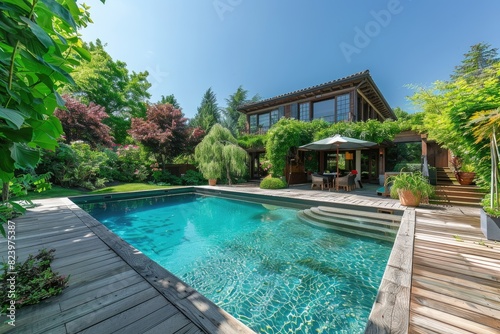 Swimming pool and decking in garden of luxury home. © Lubos Chlubny