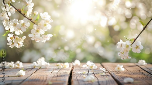 white blossoms and soft brown wooden table flooring, cherries tree flowers, spring and summer background photo